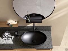 All-out matte black ceramic washbasin, mirror with shelf and quartz-resin top with splashback