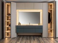 Brooklyn bespoke bathroom vanity with Corian countertop - view of the inside of the column cupboards on either side of the Pacific wardrobe