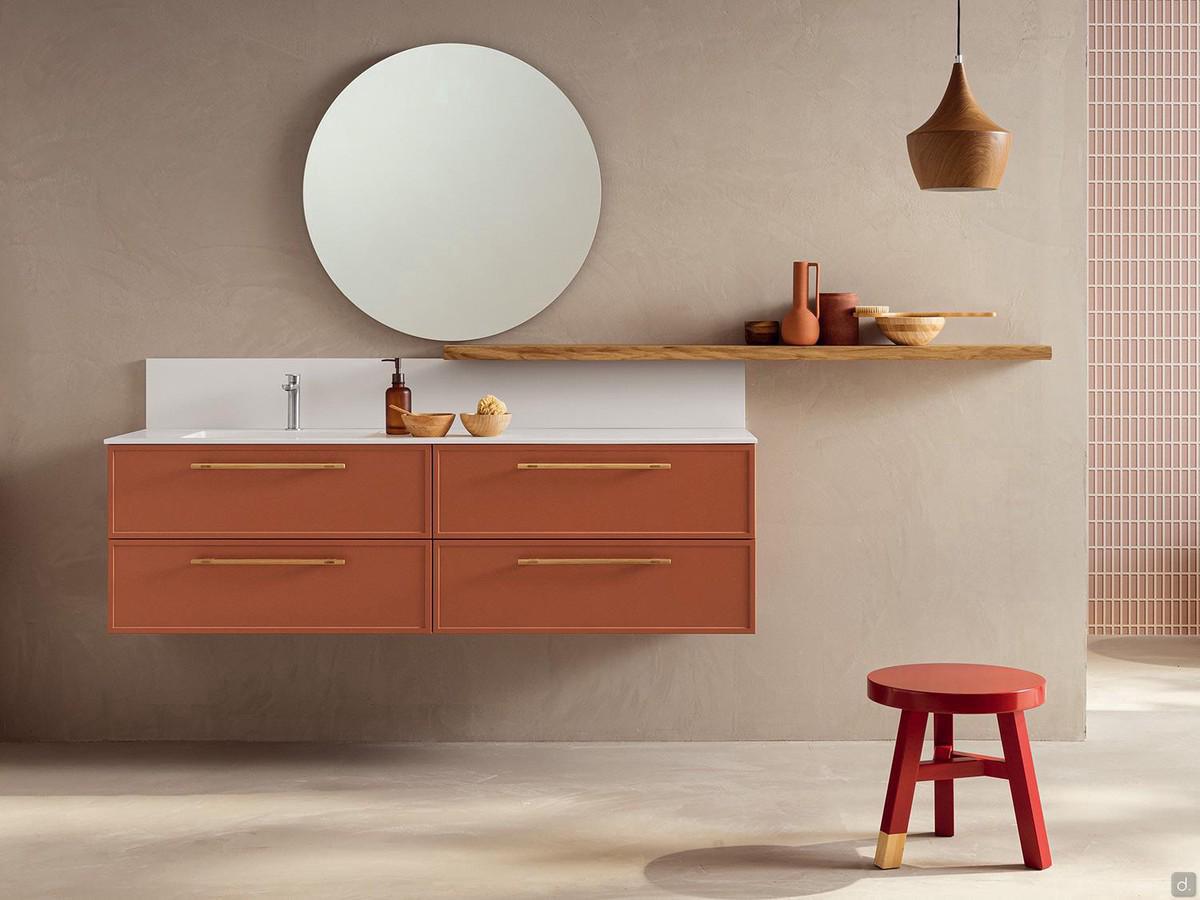 Bathroom cabinet with wooden shelf N104 - Frame, with round mirror included and Tekor top with integrated tub