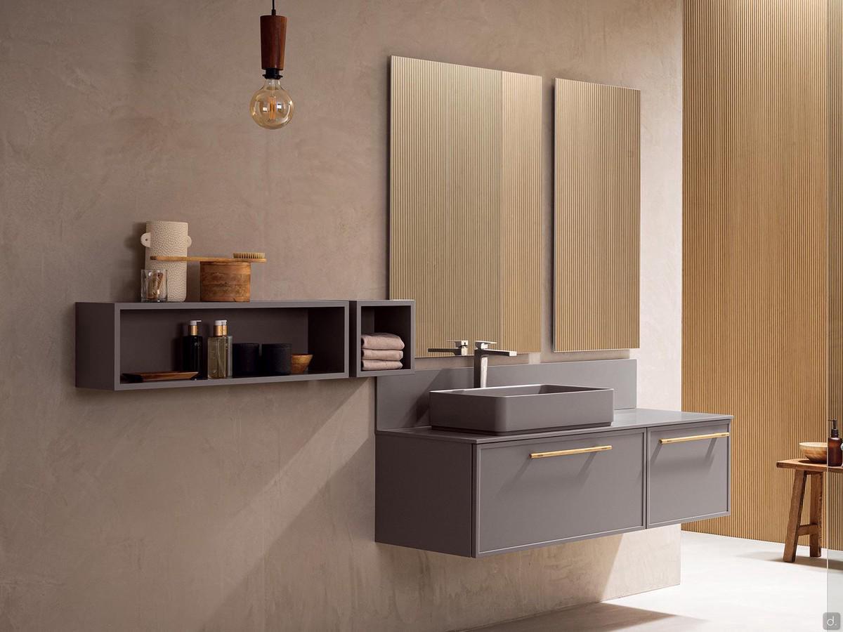 N100 Frame bathroom cabinet with off-center basin, with top and basin in Minera-Kolor to match base units