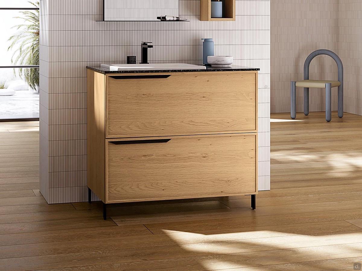 Bathroom cabinet with recessed basin Frame Incasso, offered here in the version with oak fronts with double drawer