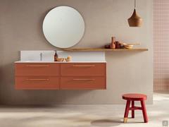 Bathroom cabinet with wooden shelf N104 - Frame, with round mirror included and Tekor top with integrated tub