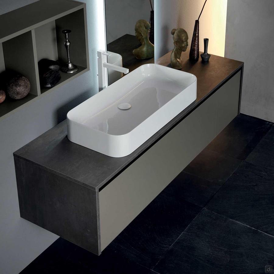 Atlantic D.50 bathroom vanity with cabinet and Beauty 80 countertop washbasin in glossy white ceramic. Countertop and sides in stone-effect melamine (in the 649 Glauco finish).