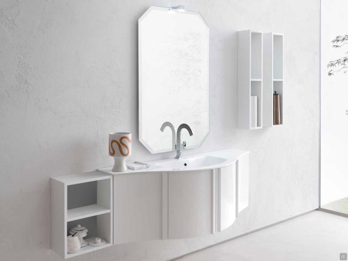 Curved bathroom cabinet with Atlantic N87 open compartments; shaped washbasin console and lower cabinets (open compartment back finish not available)