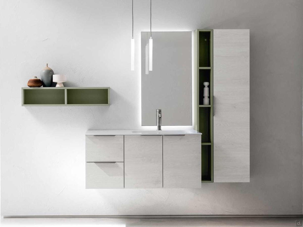 Bathroom cabinet with Atlantic N84 wall unit and open compartments - matching base and wall units and contrasting open elements.