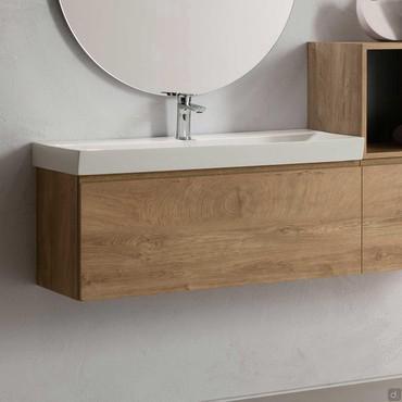 Atlantic bathroom console with reduced depth of 37cm and cabinet base in 276 Kiki wood-effect melamine 