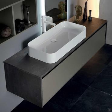 Atlantic D.50 bathroom vanity with cabinet and Beauty 80 countertop washbasin in glossy white ceramic. Countertop and sides in stone-effect melamine (in the 649 Glauco finish).