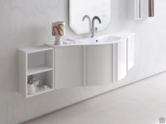 Curved Atlantic gloss white lacquered bathroom cabinet, complemented by other elements from the Atlantic collection