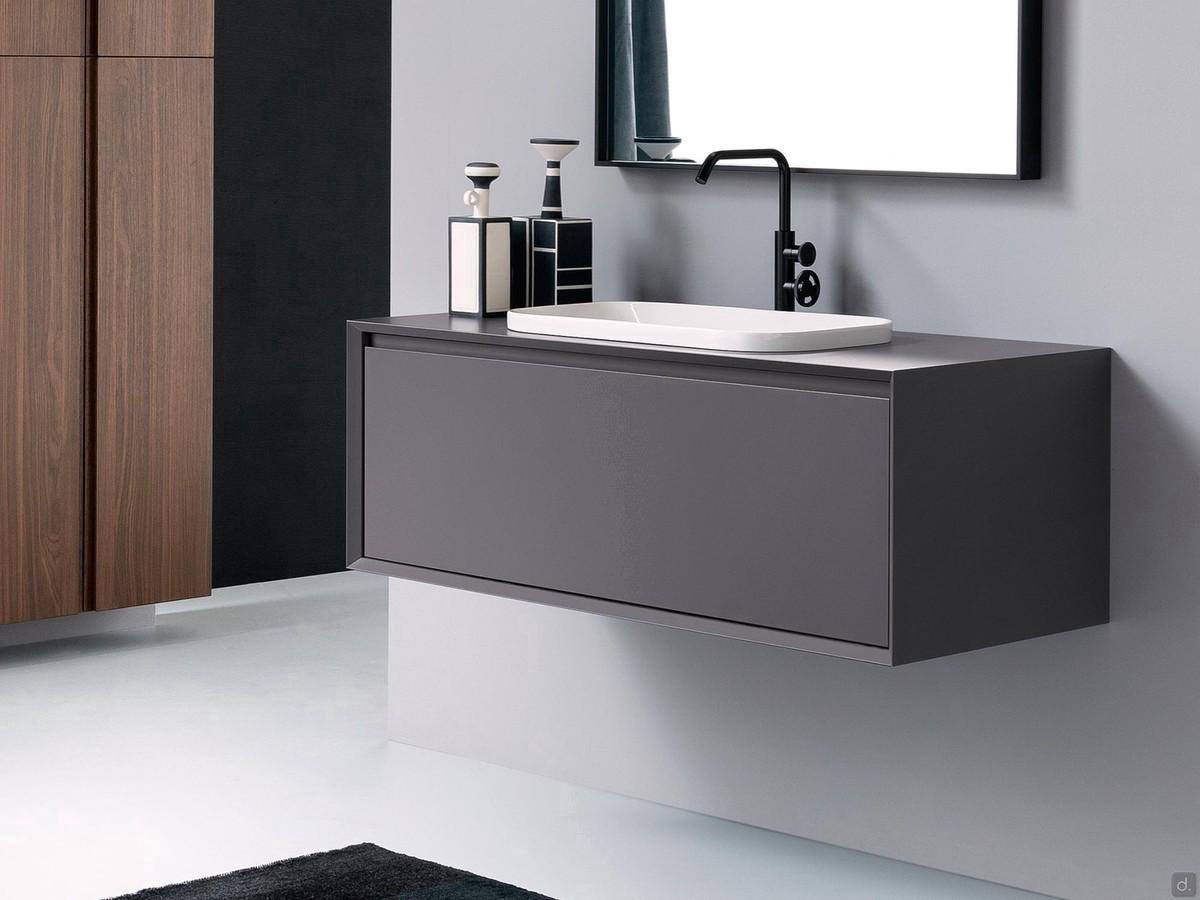 Atlantic bathroom cabinet with drawer h.37,5 cm matt lacquered Ombra. The washbasin recessed above the wooden top is Movado 58