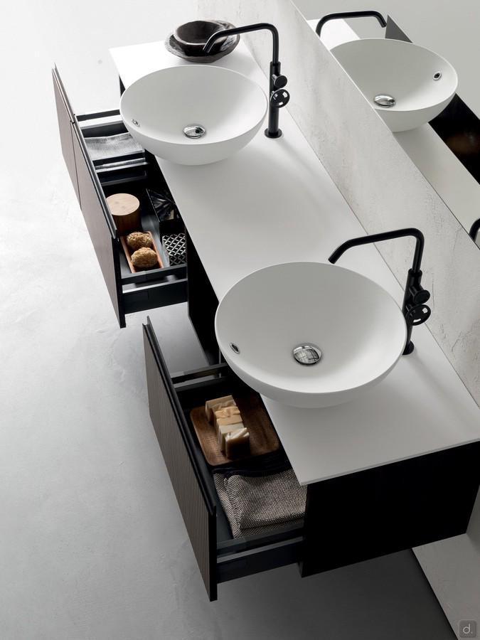 Atlantic double washbasin base unit with drawer, made with a single top and interrupted by an open compartment