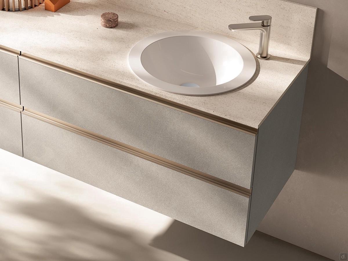 Bathroom cabinet with built-in Atlantic washbasin, here proposed in the version with two drawers in stone-effect melamine 285 Mud and opening with palladium-coated metal L-profile