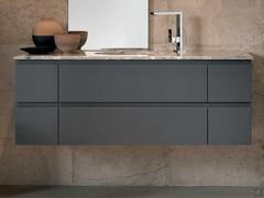 Bathroom furniture with recessed undermount washbasin in matt lacquered G4 Ombra consisting of central washbasin base unit and two side base units, all with 2 drawers and opening by means of grooves integrated in the thickness of the fronts 