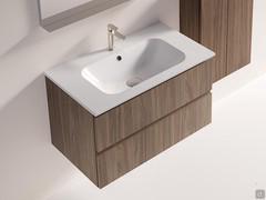 Atlantic wall-hung base unit with Bliz central basin. Fronts and structure in 280 Hazelnut veneer