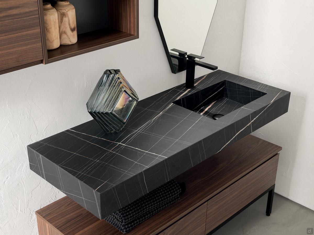 Shelf with integrated Atlantic washbasin in 3T Kenya HPL laminated veneer, note the off-centre basin to the right of the shelf