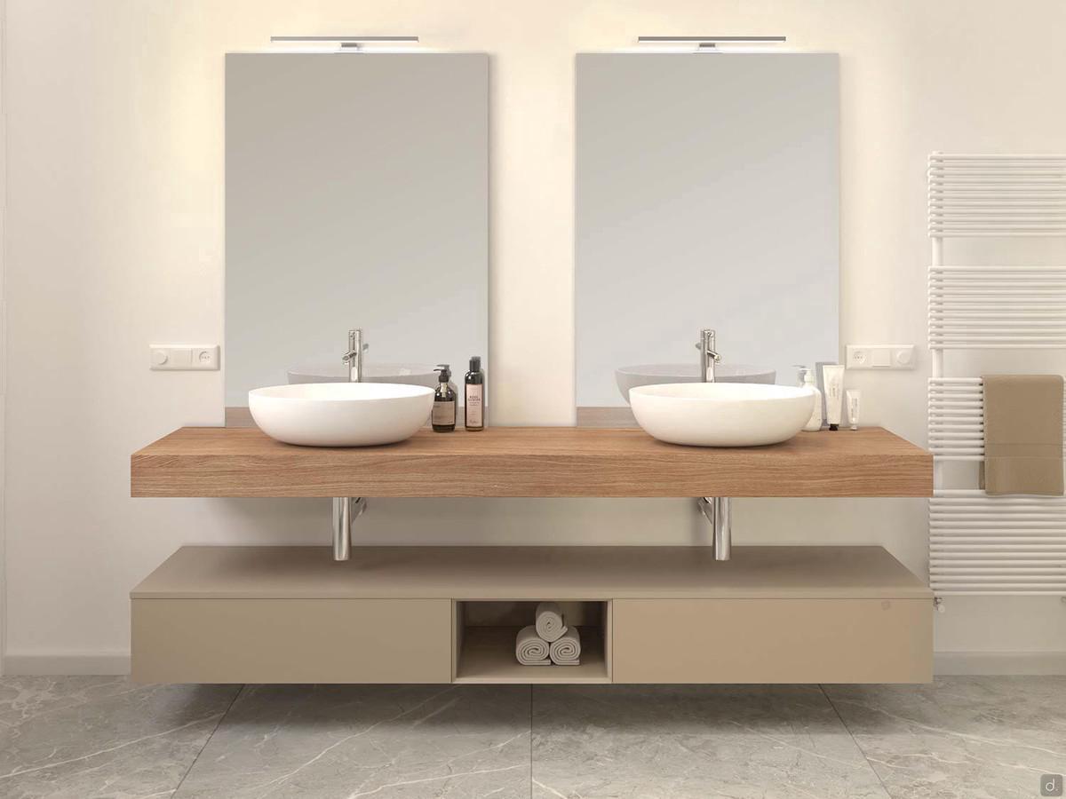 Duetto bathroom shelf 225 d.50 cm in wood veneer Natural Stained Oak with double countertop washbasin