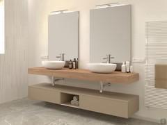 Duetto bathroom cabinet with 2 bathtubs on a wooden veneer shelf and base units underneath in matt dove-coloured lacquer