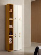 Horizontal composition of wall units in matte ochre lacquer finish