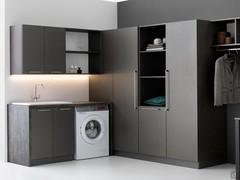 Corner laundry-room composition with column cupboards, wall units, wash basin and washing machine compartment