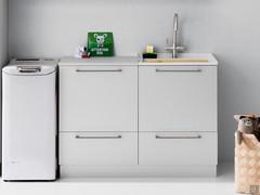 Space saving Oasis laundry furniture set with sink cabinet (RH) and storage unit with basket and drawer (LH)