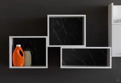 Three Oasis open wall units in a glossy white lacquer finish with back panels in the hermitage stone-effect finish