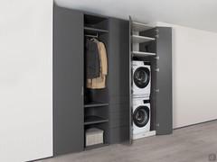 Wide hinged wardrobe with open element and laundry column with washing machine and dryer compartment