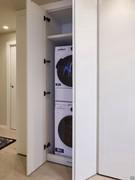 Wide laundry column in the version for washing machine + dryer, here shown in a bigger space-saving composition that uses at best the space at disposal in the corridor - picture sent by a client