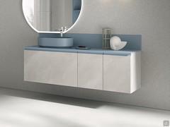 Two-door base unit in combination with washbasin base unit. Structure in Stone Effect Melamine 284 Ash. Composition with top in 02-Cerulean Stone