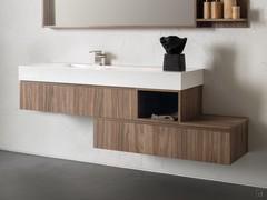 Atlantic open base unit to complete a washbasin base unit with basin and asymmetrical bottom drawer, in one of the many wood-effect veneers available in the sample collection