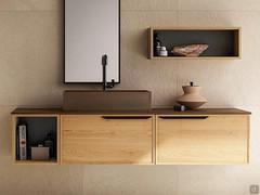 Open base unit combined with a Frame composition, with stoneware top. On the elements in melamine or Rovere Raw wood (in photo), the back is always in orione grey melamine