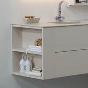 Atlantic side-mounted open base unit with central shelf, available to complement side-mounted vanity or storage units in the three depths of 37, 45 and 50 cm