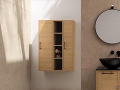 Hinged wall unit block interspersed with open wall unit with contrasting back panel