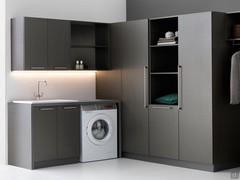 Corner laundry-room composition with column cupboards, wall units, wash basin and washing machine compartment