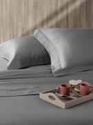 Iron grey satin bed linen with sheet and pillowcases finished with plain hem at 7 cm from edge