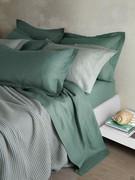 Linen sheet and pillowcase set here in a palette of green tones, with matching Honeycomb cotton bedspread