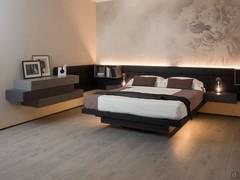 Overfly floating bed with storage box and wooden wall panels