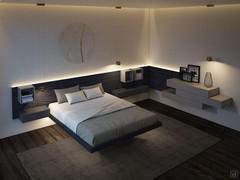 Coordinated bedroom set with Overfly bed, wall panels with drawers in contrasting finish