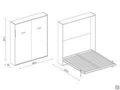 Schematics and dimensions of the retractable double bed Poker in the king size version with 180 cm bed base