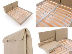 Details of the slatted bed base and removable headboard cushions with removable covers