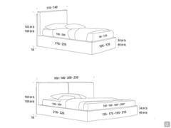 Tamarino upholstered bed - Models and Measurements (* Note: king size and super king size models are available only for slatted base 200 cm long)