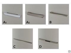 Display of the available handles: in white methacrylate (A1) or mink (A2), short matte nickel handle with rounded edge (B) or long (C), or in matte nickel with an elastic cord (D)