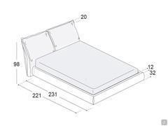 Bed with a soft cushion-effect headboard Becket - Diagram and dimensions, to which 4 cm should be added in height for the feet