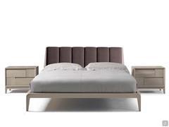 Michiko wooden bed with upholstered headboard matched with Arashi bedside tables from the same collection