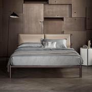 Skinny minimalist bed with hide leather headboard and metal structure in "elettrocol" finish