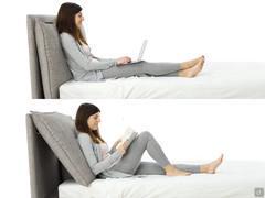 Blend bed with reading cushioned headboard that can be lifted on the mattress to form an oblique surface to support the lumbar region