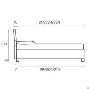 Specific dimensions of the bed Riley with slanted, quilted headboard with horizontal stitching