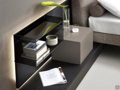 Close up of the shelf in smoked glass and smoked black lacquered glass - perfect with the LED strip around the edge