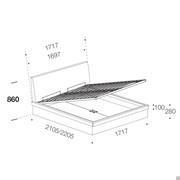 Blues double bed with curved headboard: diagram of the measurements for the model with storage box and double lift-up system (measurements expressed in millimetres)