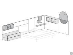 Scheme of a possible Freeport composition, with bed frame connected to the boiserie panels and wall-mounted accessories