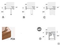 Technical diagrams and dimensions Bedside cabinet P24 with 90° joint: A) metal foot B) wooden foot C) methacrylate foot D) storage box with inner compartment h.20.6 cm