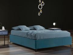 MilleLetti bed in the sommier version without a headboard, with a 30 cm high bed frame and blue fabric upholstery